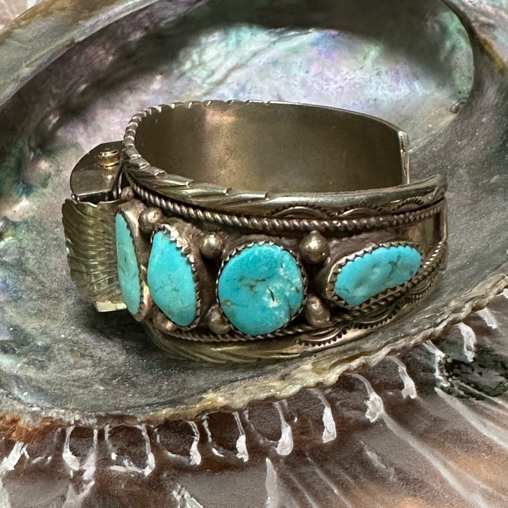Navajo Silver and Turquoise Watch Bracelet - Picture 3 of 5